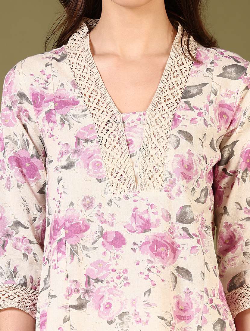 women floral printed three quarter sleeve straight kurta - 22170007 -  Standard Image - 5