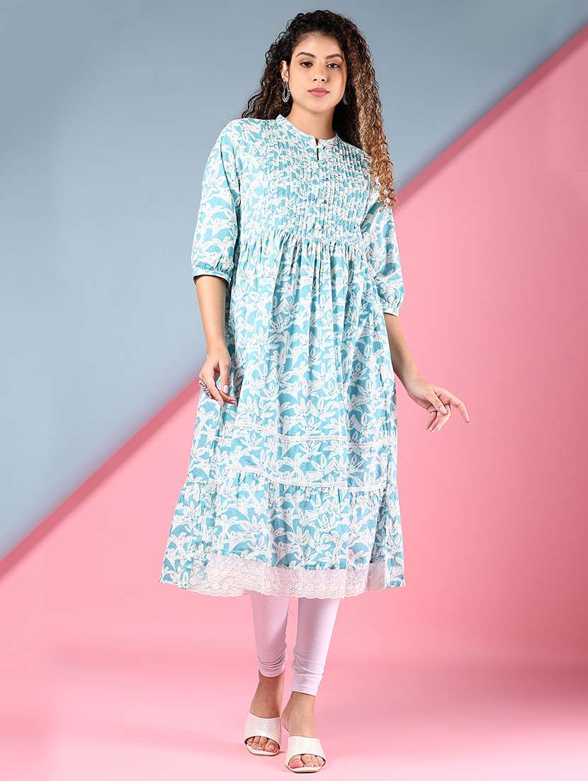 women floral printed three quarter sleeve tiered kurta