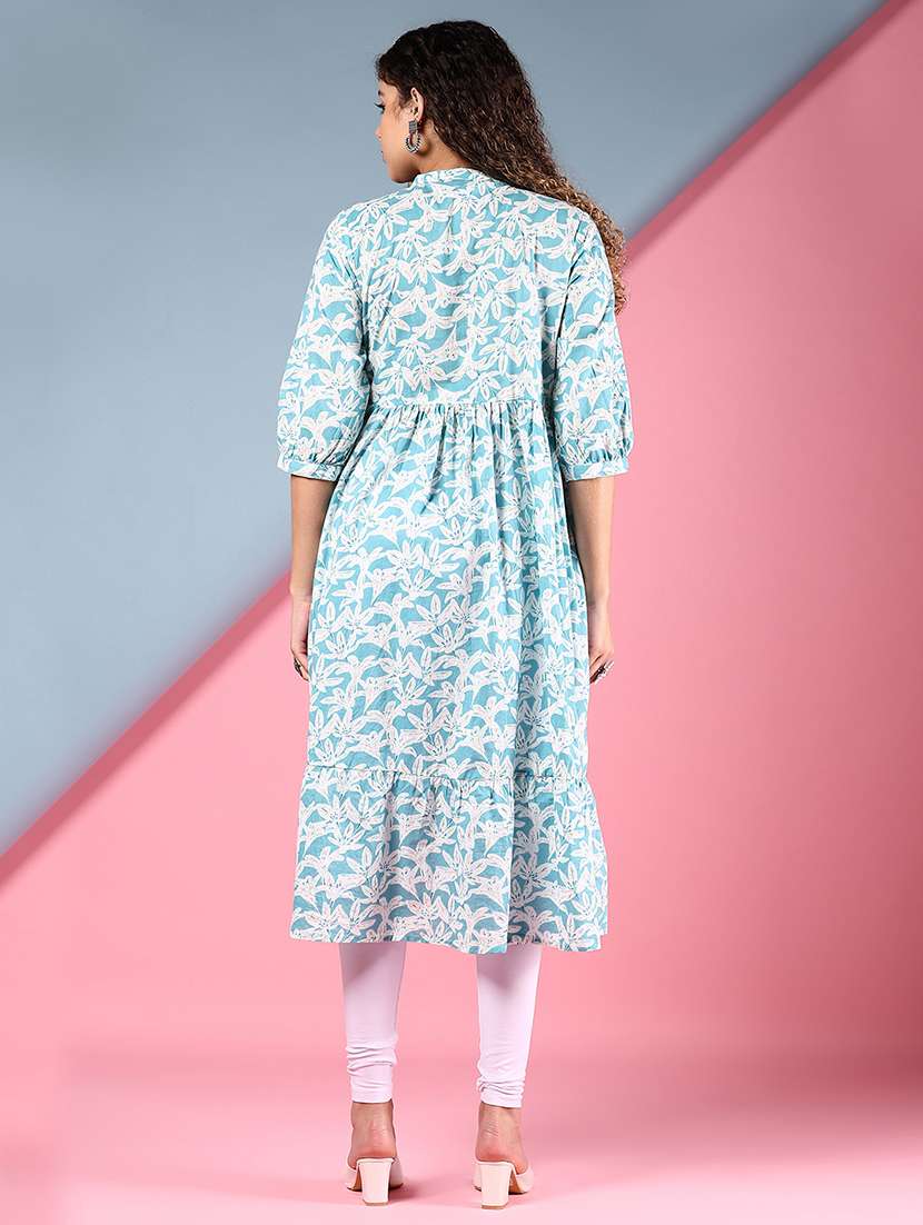 women floral printed three quarter sleeve tiered kurta - 22170052 -  Standard Image - 3