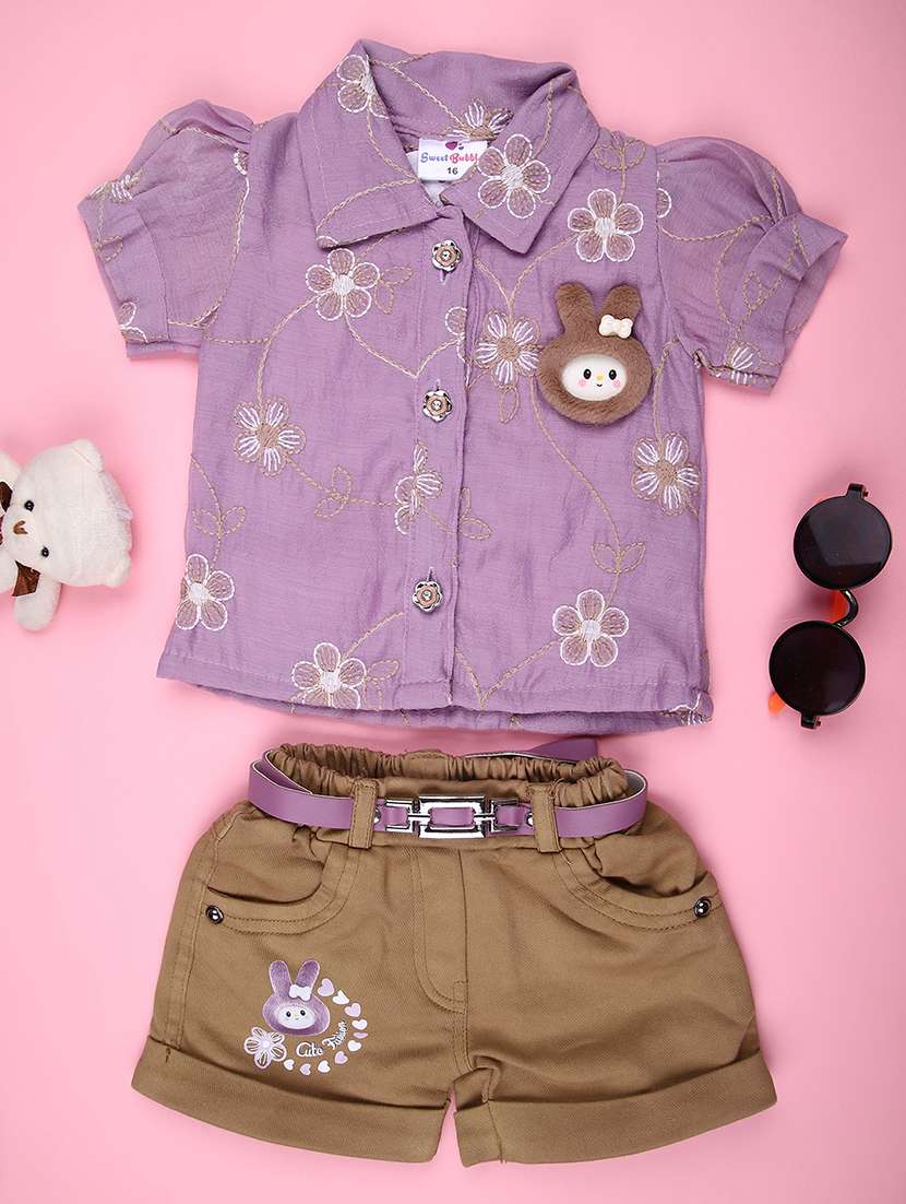 girls embroidered top & shorts co-ord set