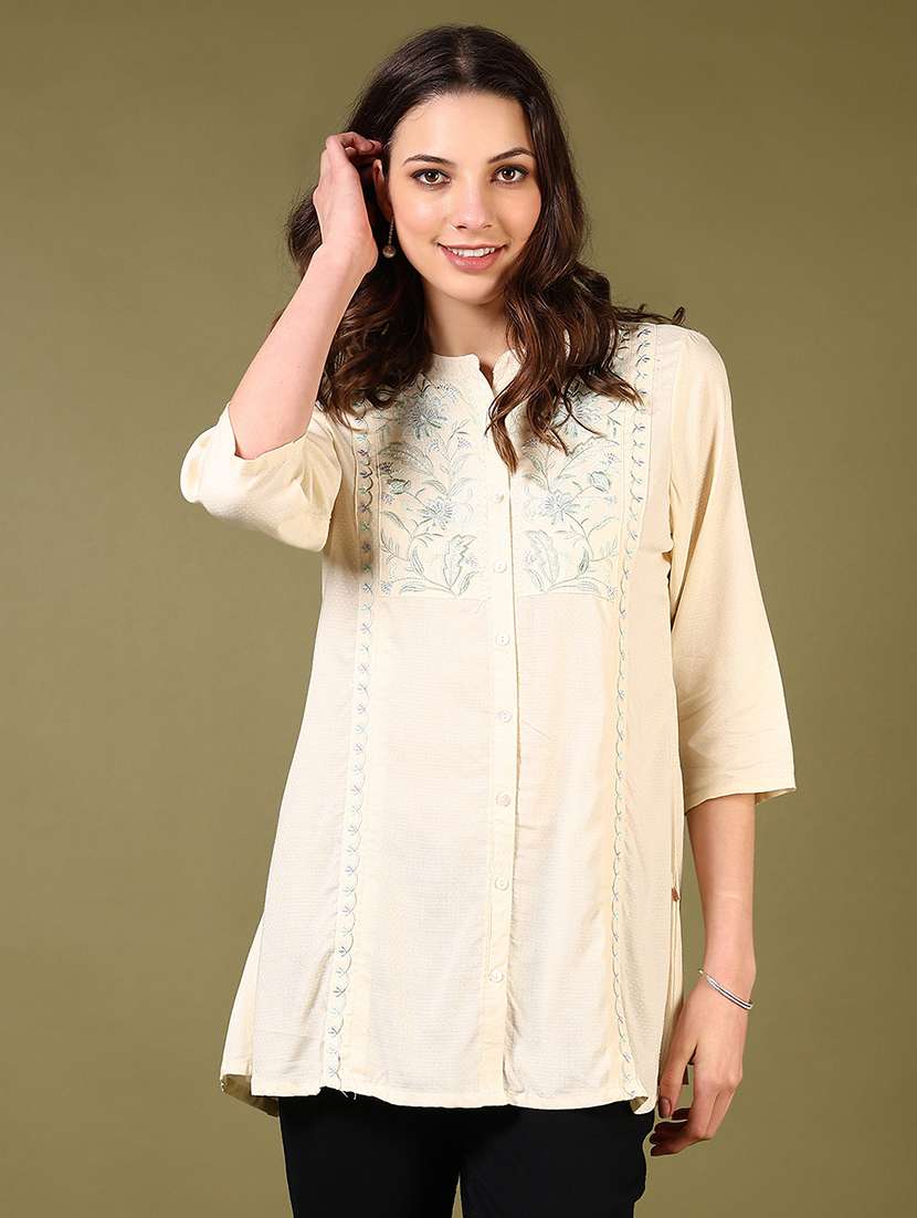 women solid with work three quarter sleeve a-line kurti