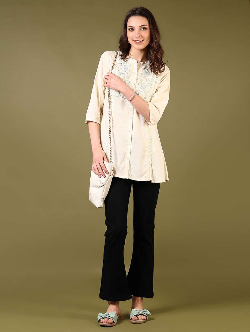 women solid with work three quarter sleeve a-line kurti - 22170255 -  Standard Image - 3