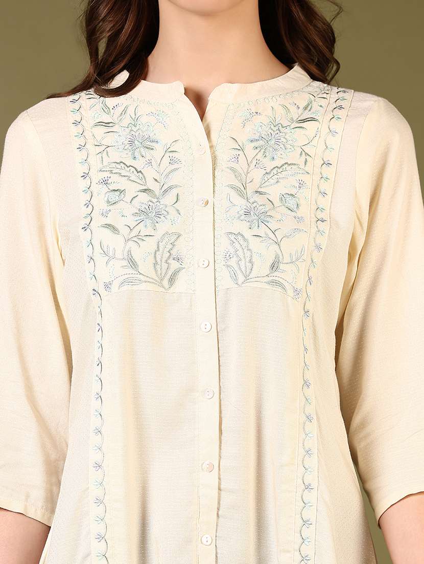 women solid with work three quarter sleeve a-line kurti - 22170255 -  Standard Image - 5