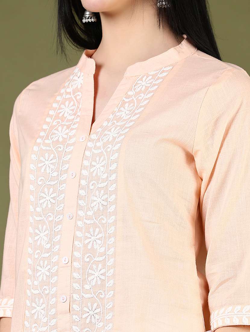 women solid with work three quarter sleeve straight kurti - 22170274 -  Standard Image - 5