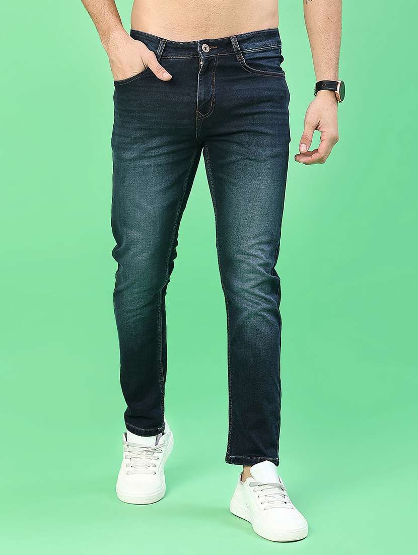 men washed mid rise full length jeans