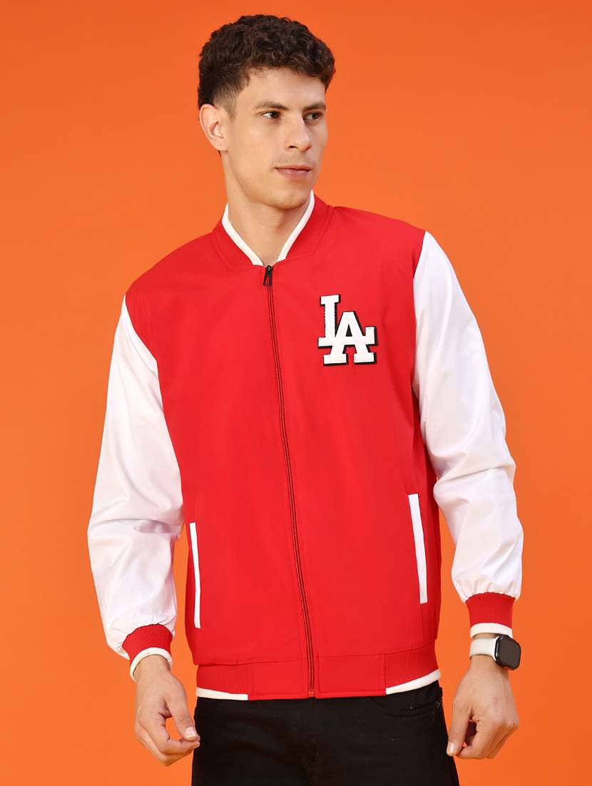 men color block henley neck varsity jacket