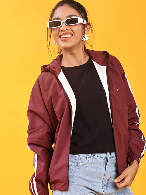 women solid long sleeve hooded windcheater jacket - 22170450 -  Standard Image - 0