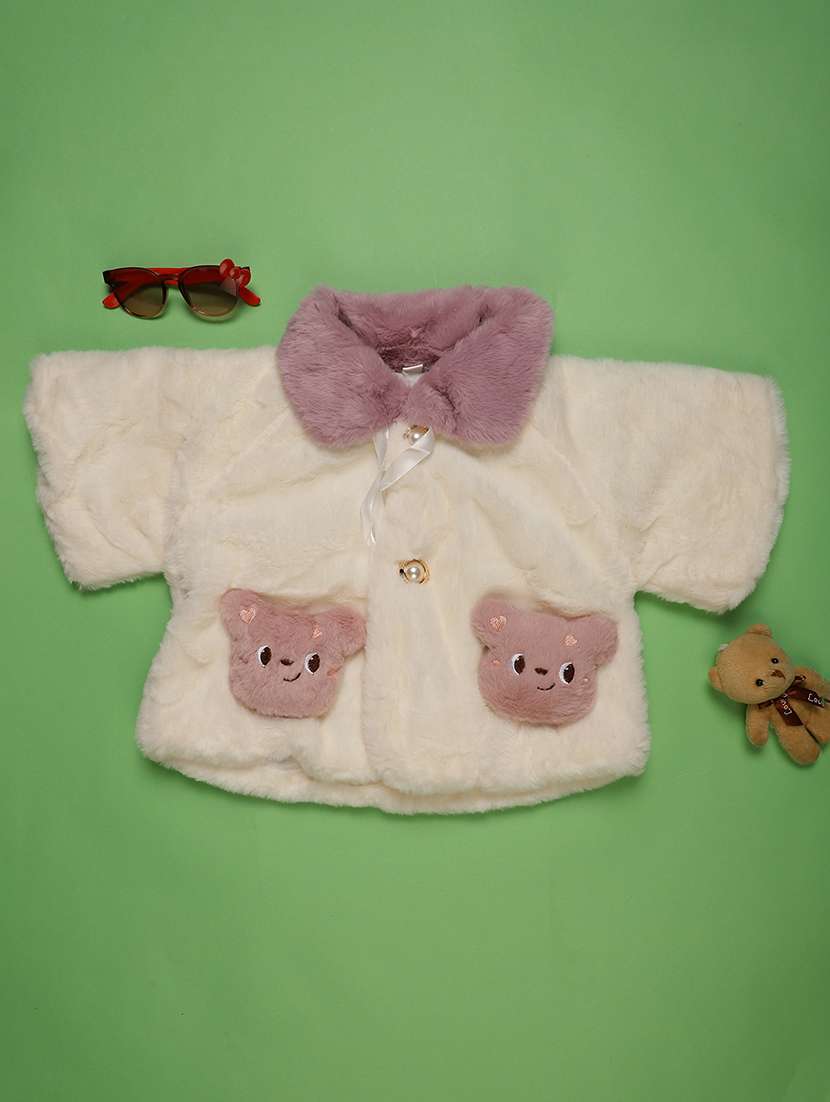 girls solid long sleeve fur jacket