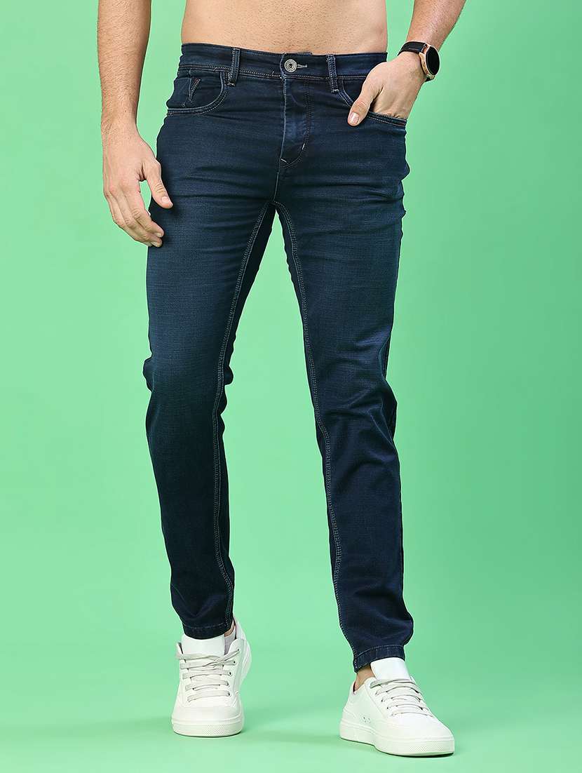 men washed mid rise full length jeans