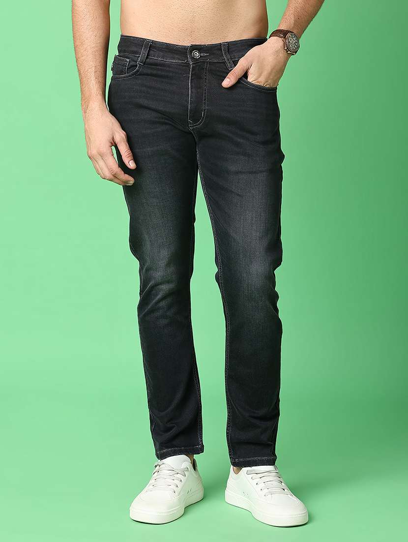 men washed mid rise full length jeans