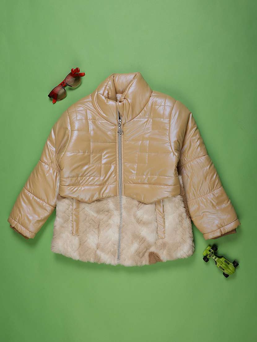 girls solid stand collar long sleeve quilted jacket