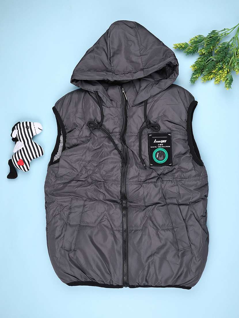 boys solid sleeveless hooded quilted jacket