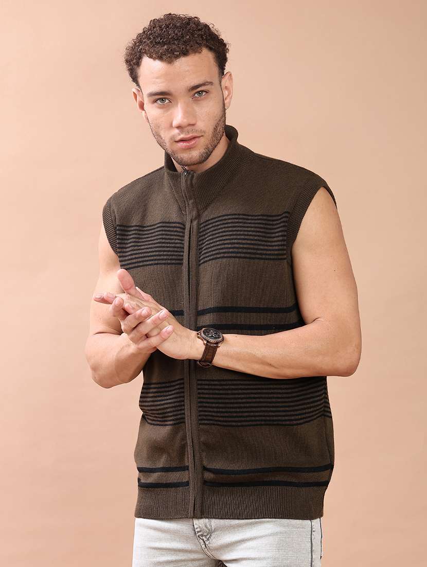 men striped sleeveless regular fit cardigan