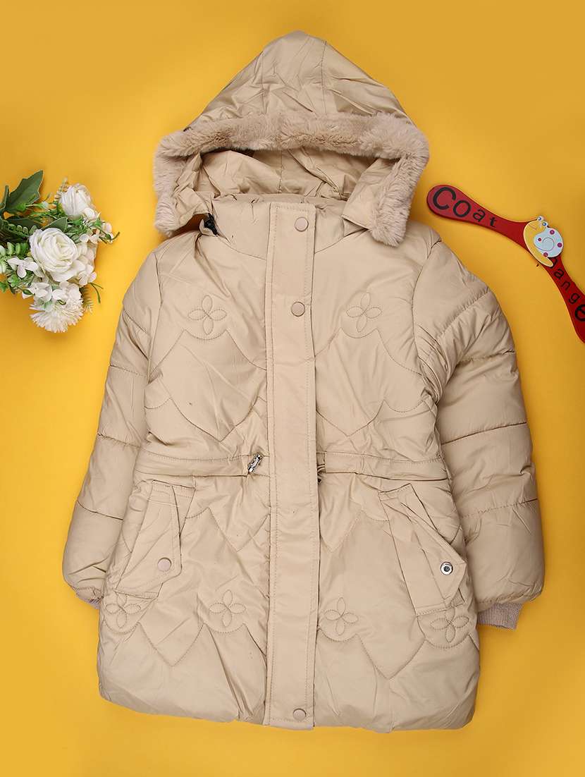 girls solid long sleeve hooded quilted jacket