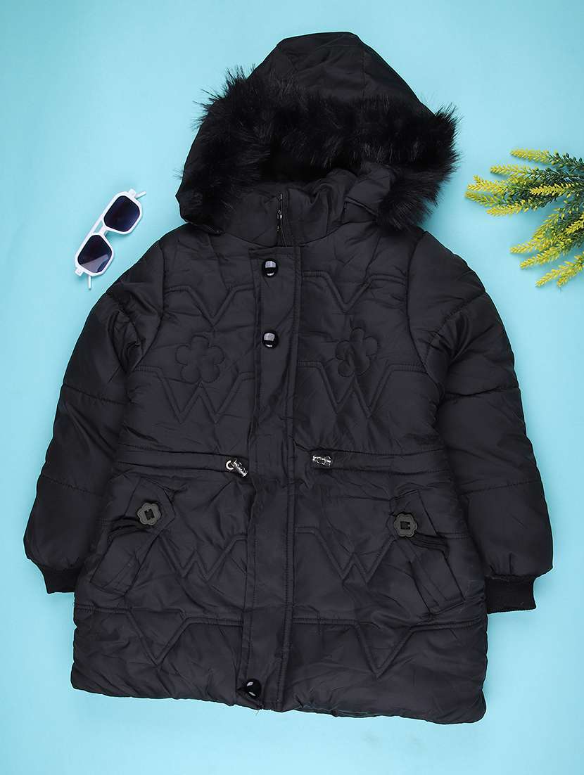 girls solid long sleeve hooded quilted jacket