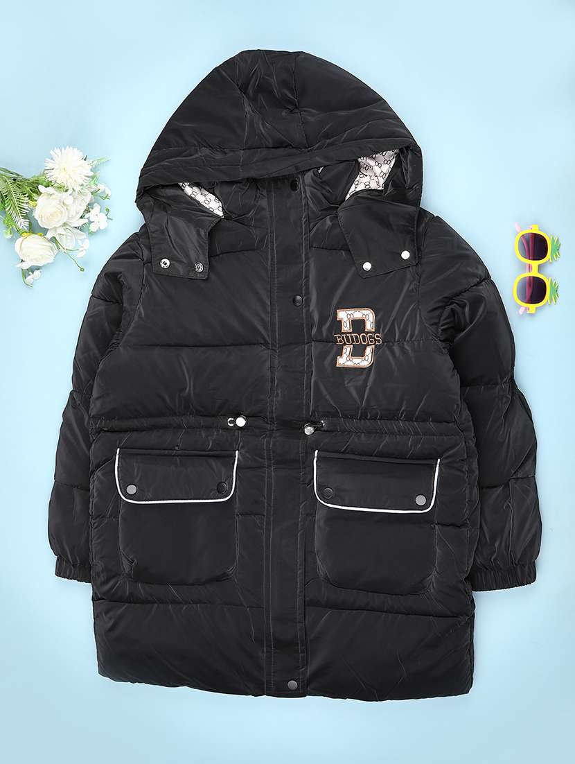 girls solid long sleeve hooded quilted jacket