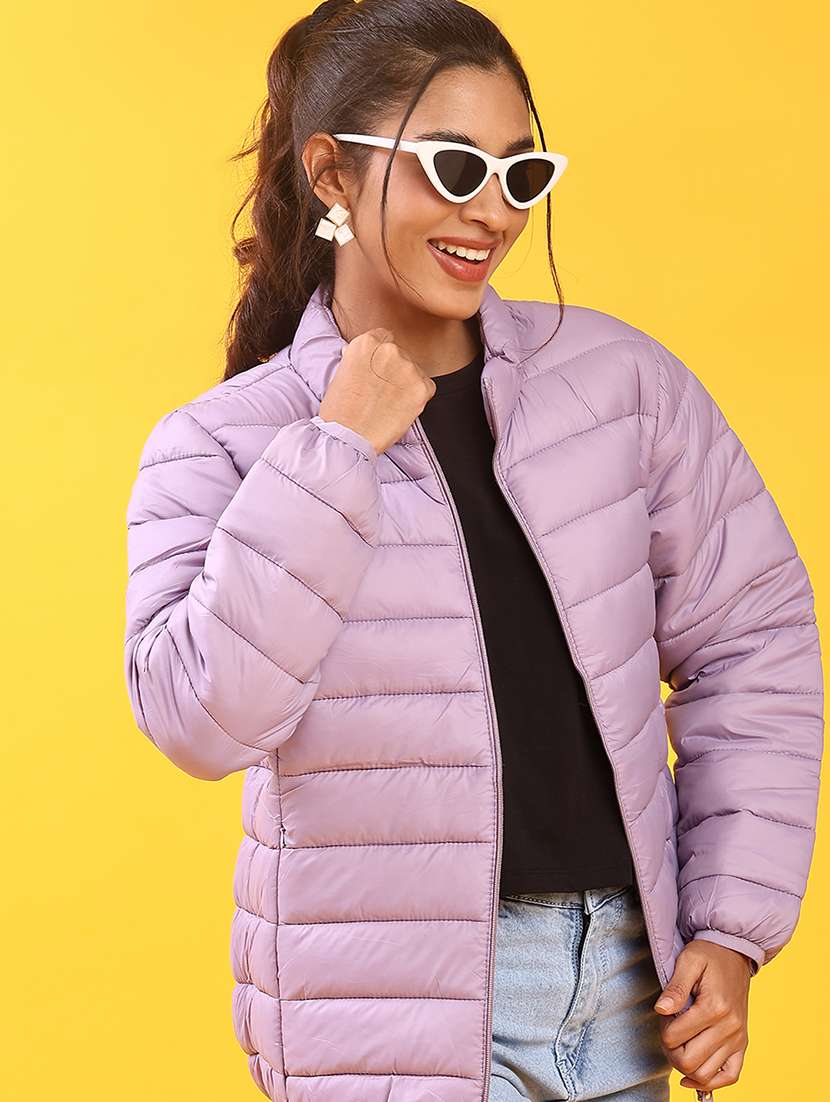women solid long sleeve quilted jacket