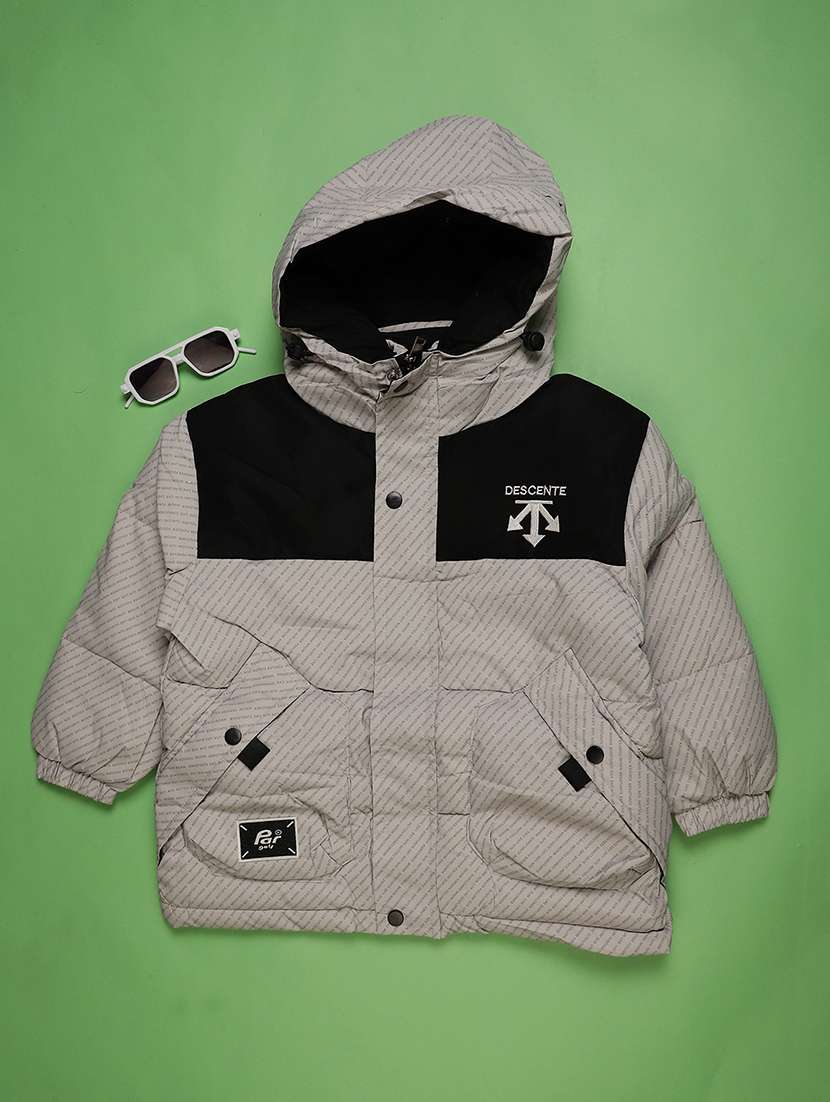 hooded print winter jacket for boys