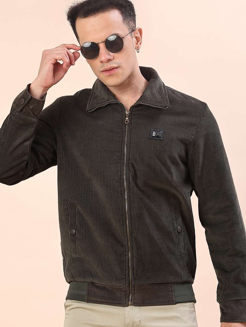 men solid collared long sleeve casual jacket