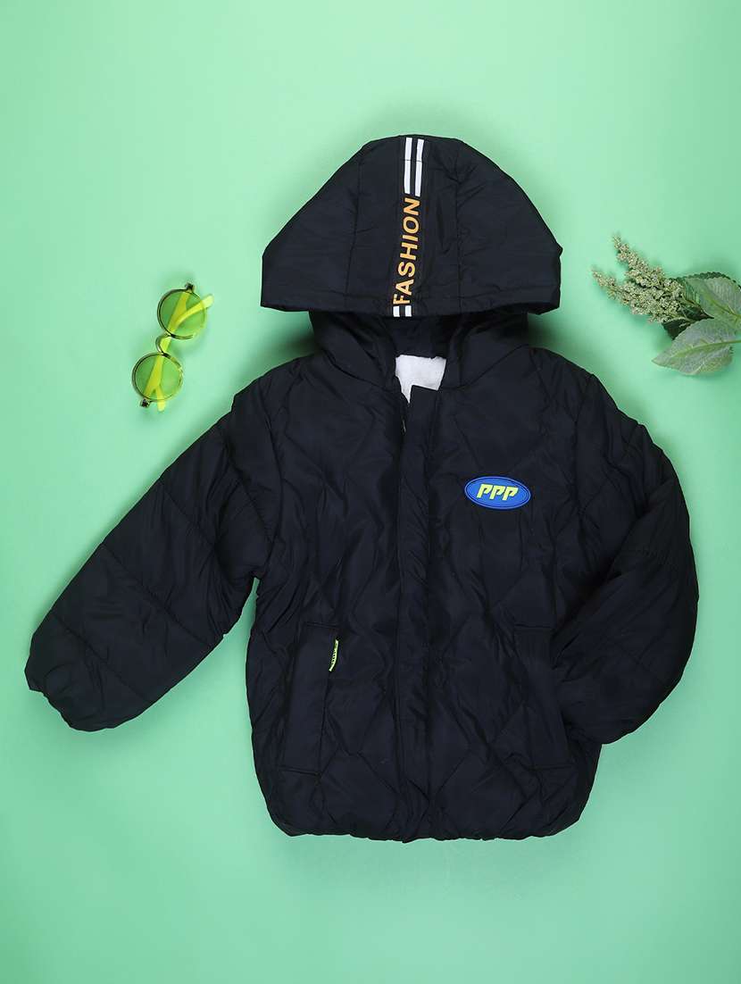 boys black quilted hooded regular jacket