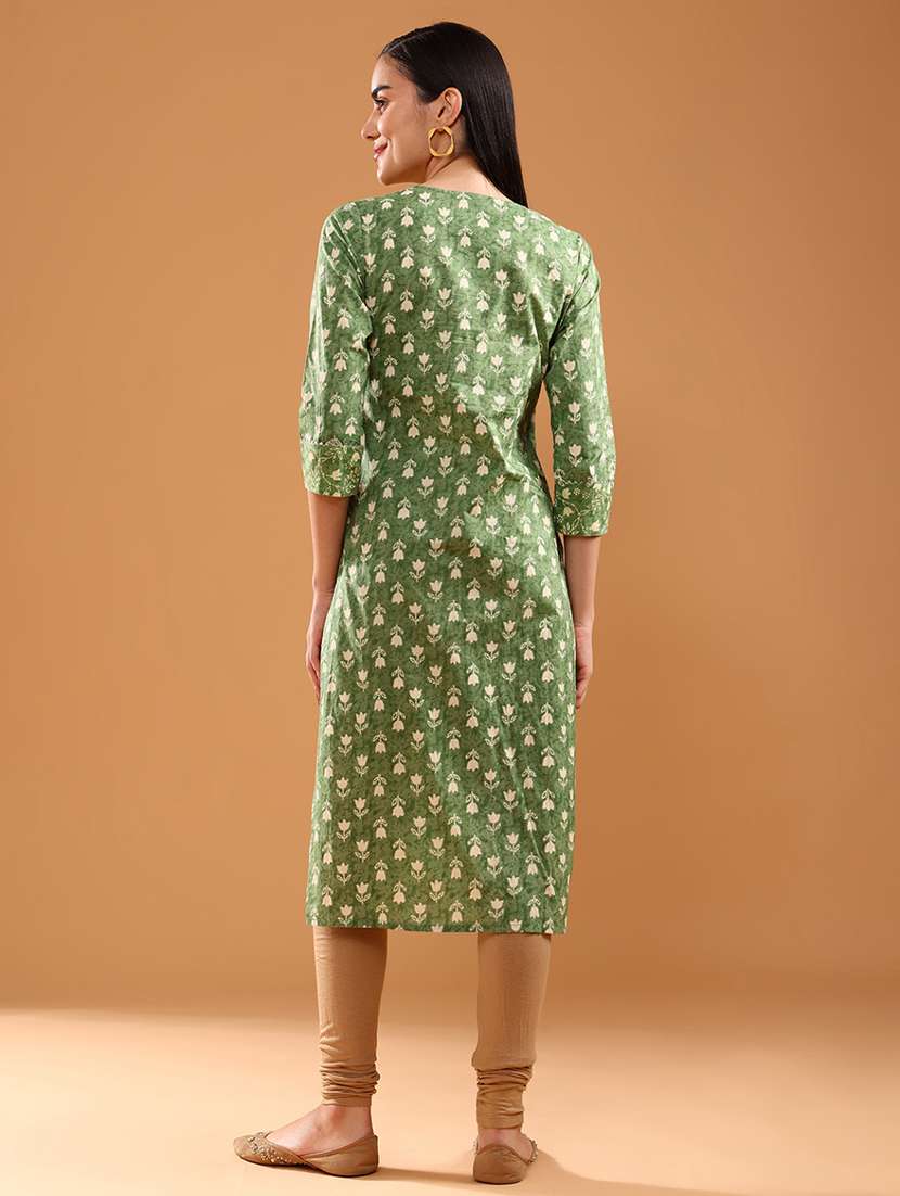green cotton straight kurta - 22171794 -  Standard Image - 3