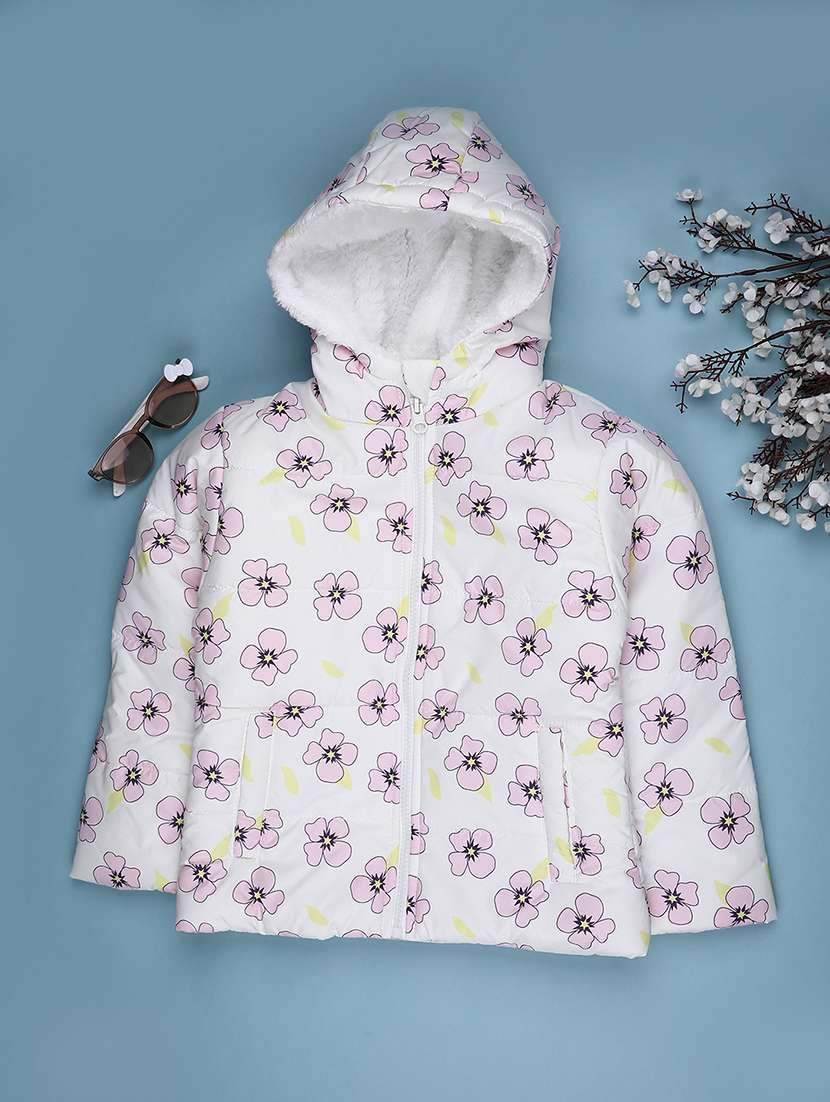 girls printed long sleeve hooded quilted jacket