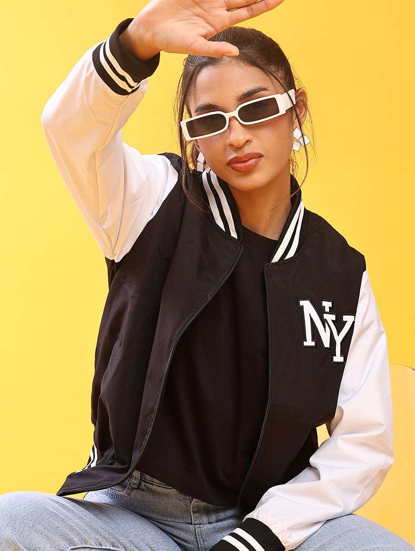 women colour block full sleeve varsity jacket