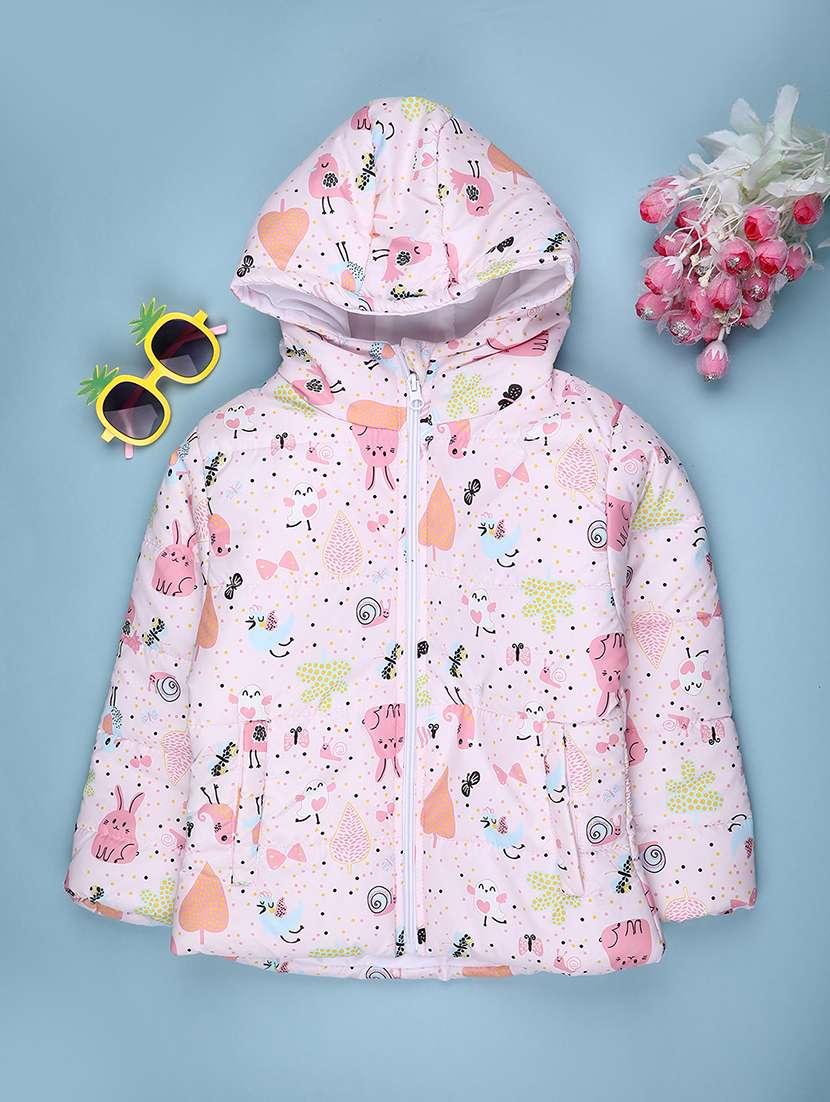 girls printed long sleeve hooded quilted jacket