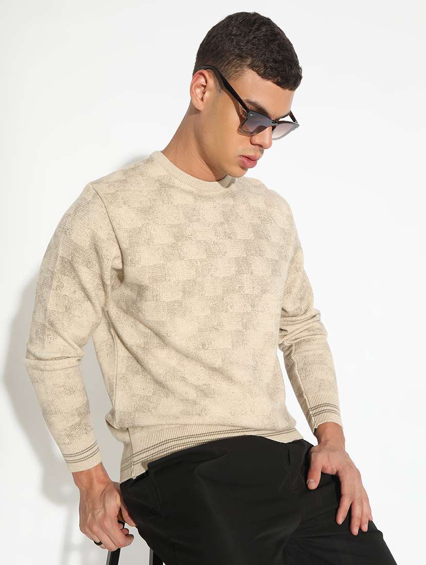 men beige self designed long sleeve pullover