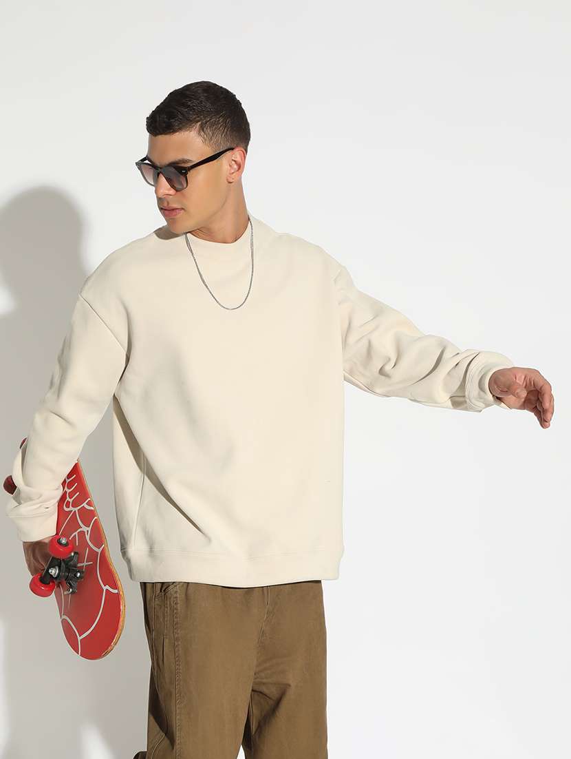 men cream solid long sleeve pullover