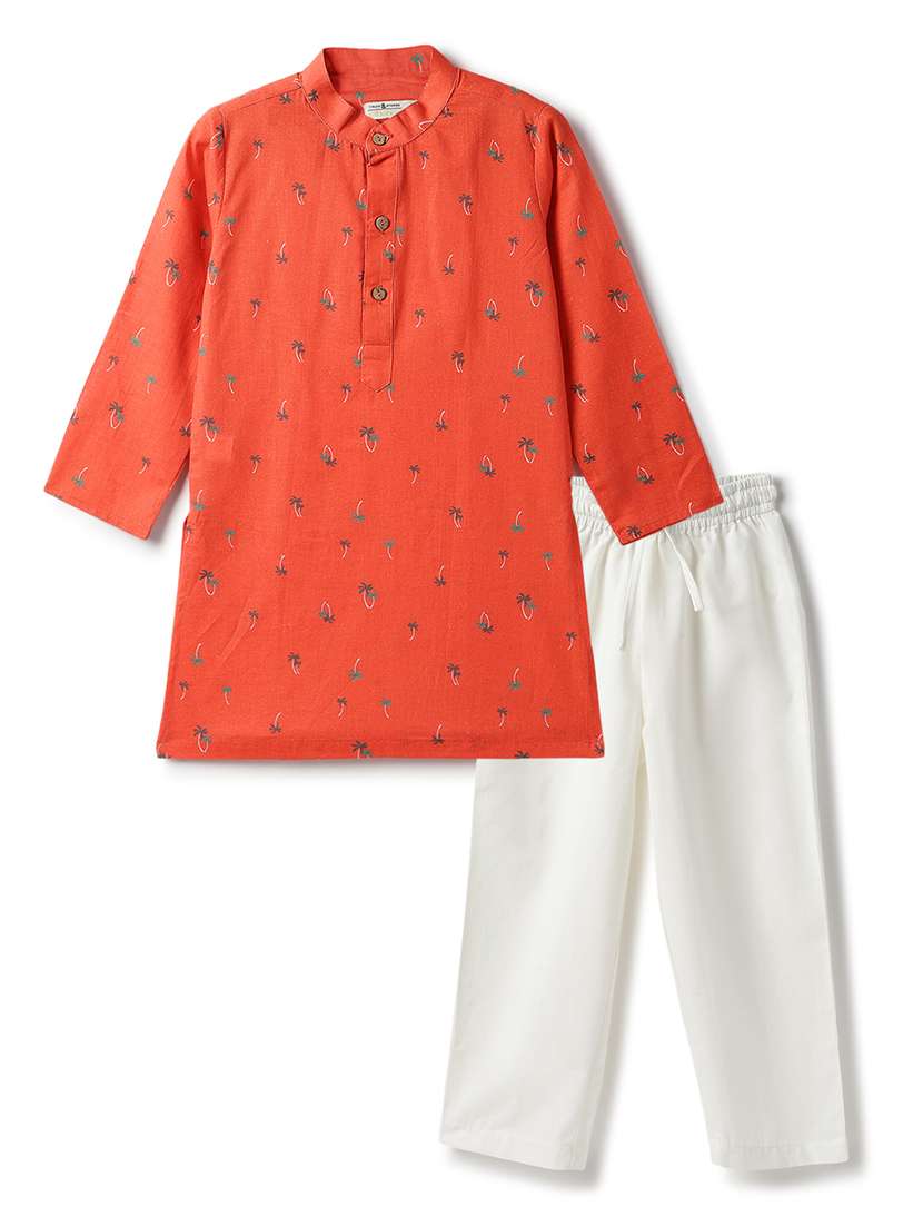boys printed long sleeve kurta & pyjama set