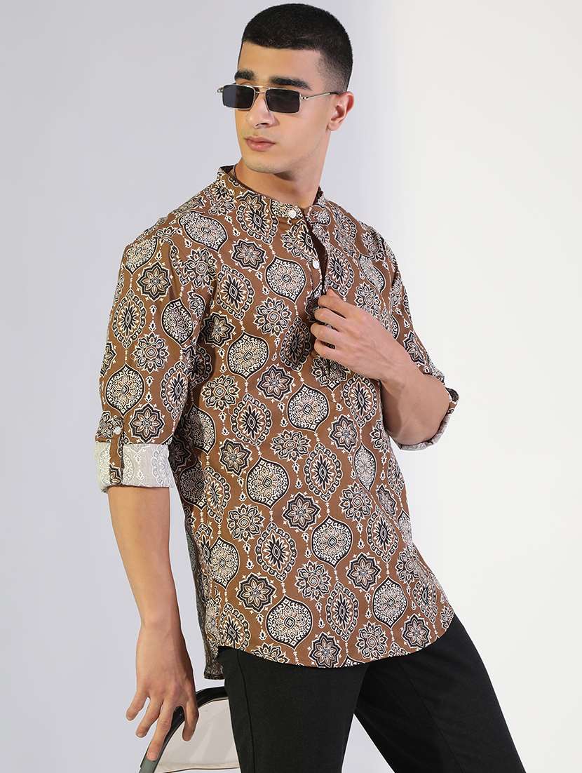men printed long sleeve short kurta