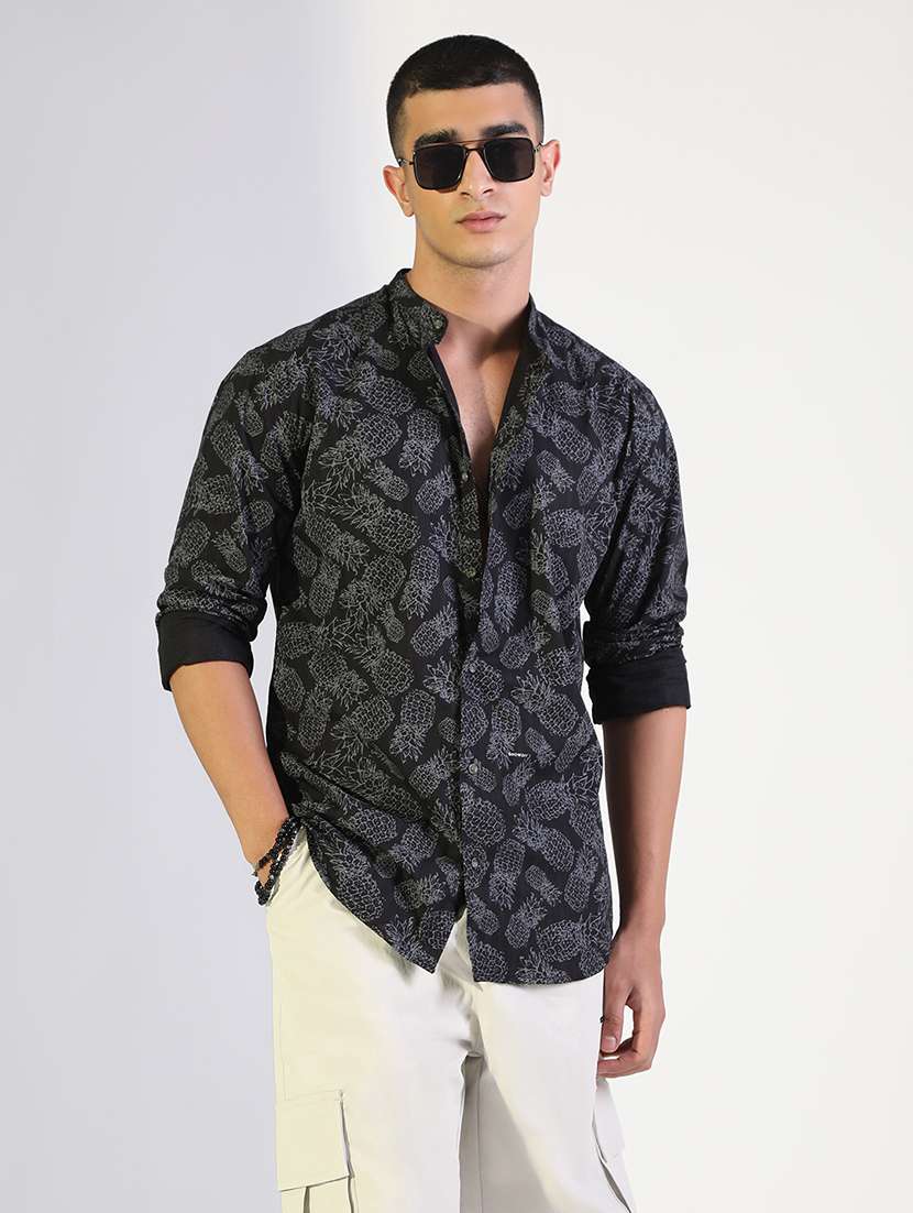 men printed mandarin colla lonrg sleeve shirt