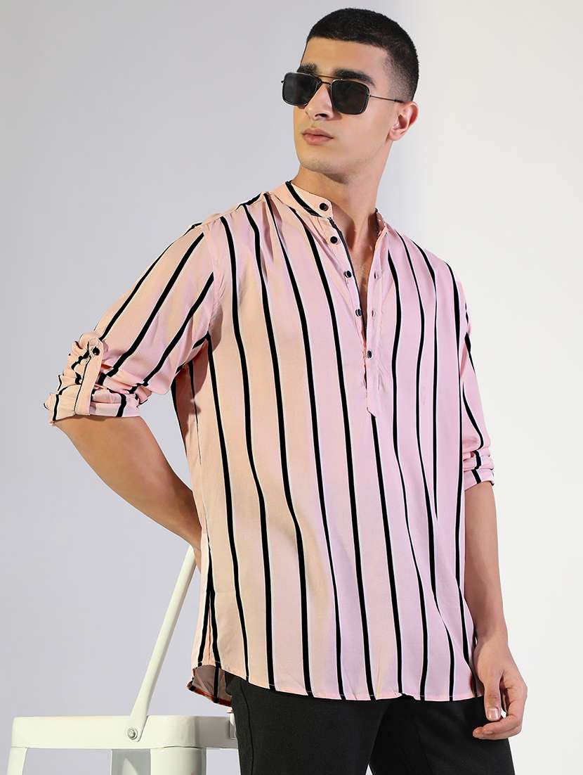 men striped mandarin collared long sleeve shirt