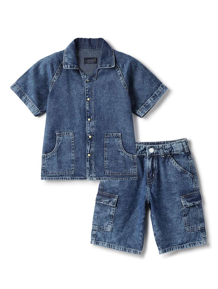 boys solid denim shirt and shorts co-ord set