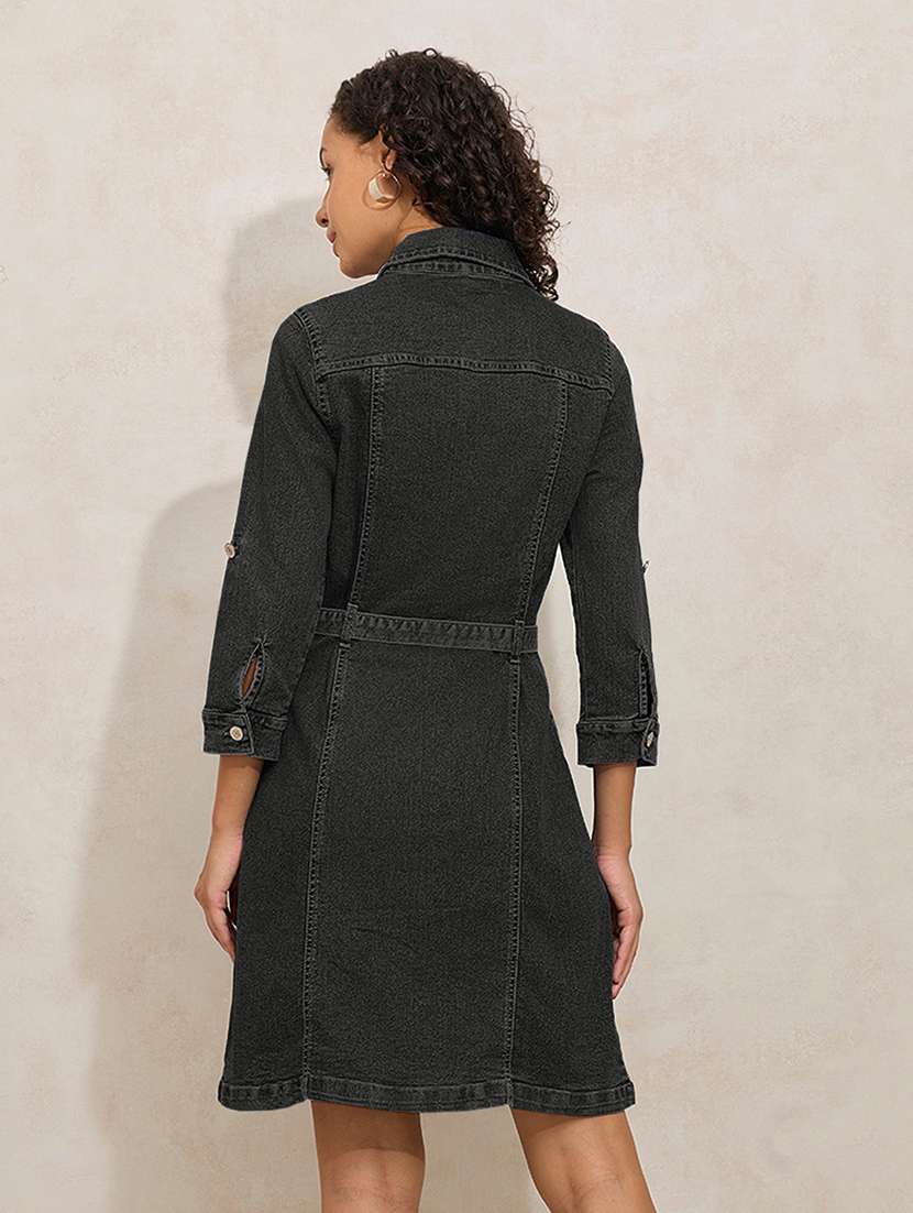 women solid three quarter sleeve denim shirt dress - 22173701 -  Standard Image - 3