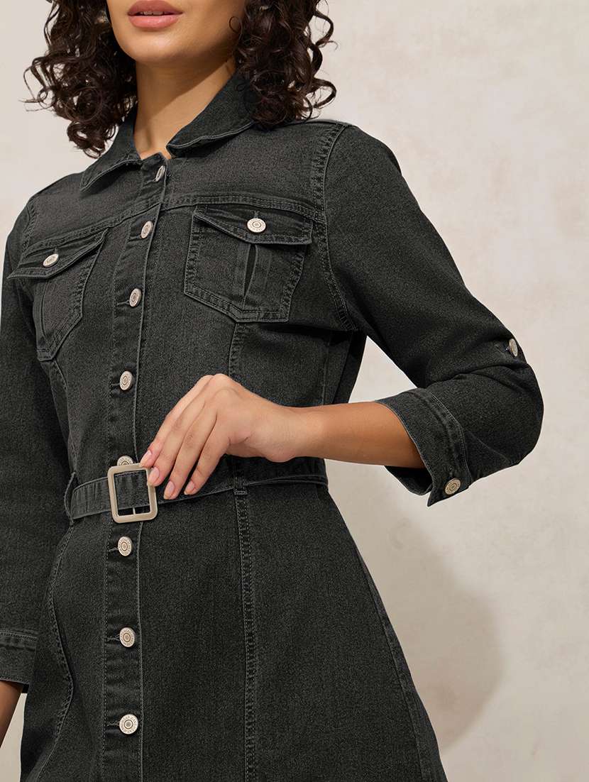 women solid three quarter sleeve denim shirt dress - 22173701 -  Standard Image - 5