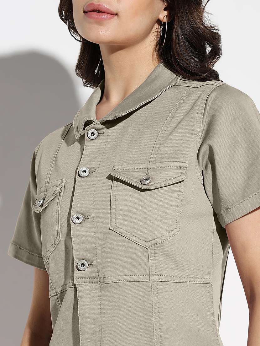 women solid collared denim straight dress - 22173703 -  Standard Image - 5