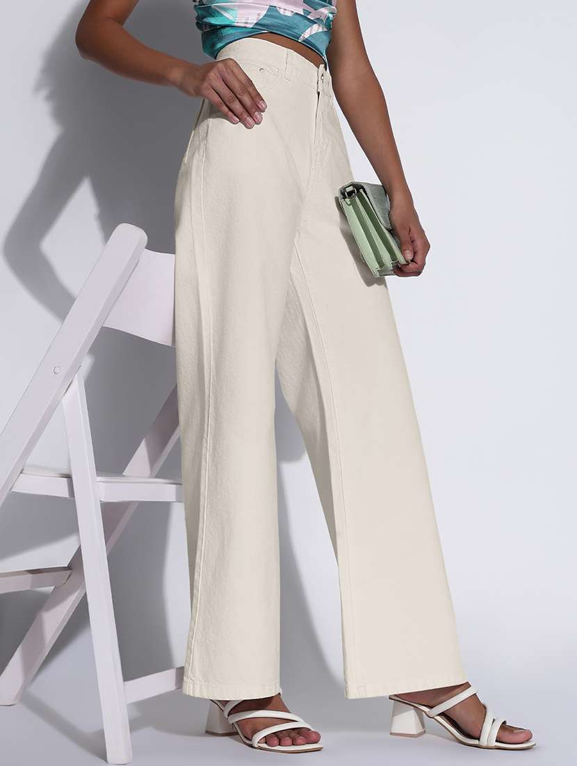 women solid high rise wide leg trouser