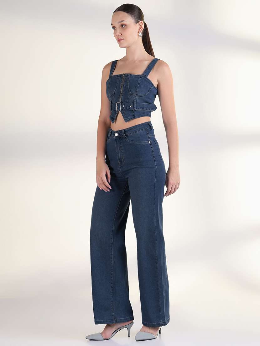 women solid denim top and trouser co-ord set - 22173707 -  Standard Image - 3