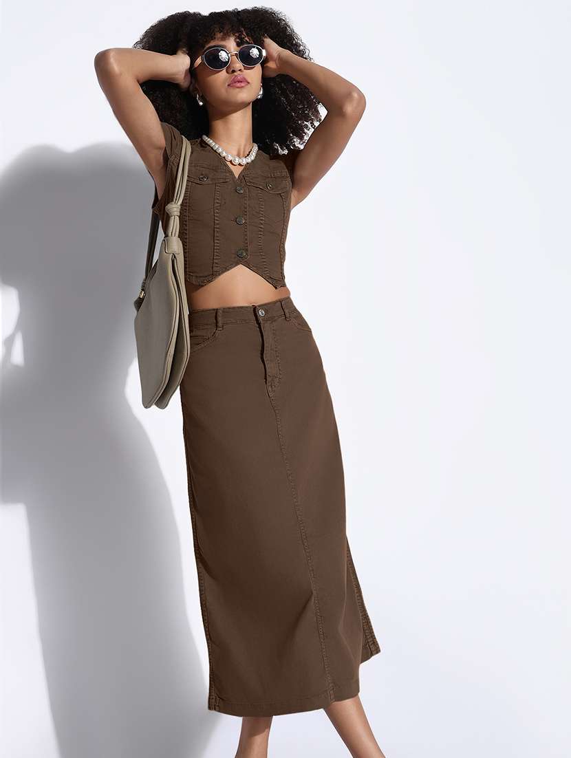 women solid denim top and skirt co-ord set - 22173709 -  Standard Image - 3