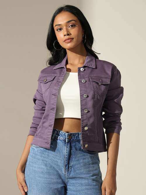 women solid collared long sleeve denim jacket - 22173712 -  Standard Image - 0