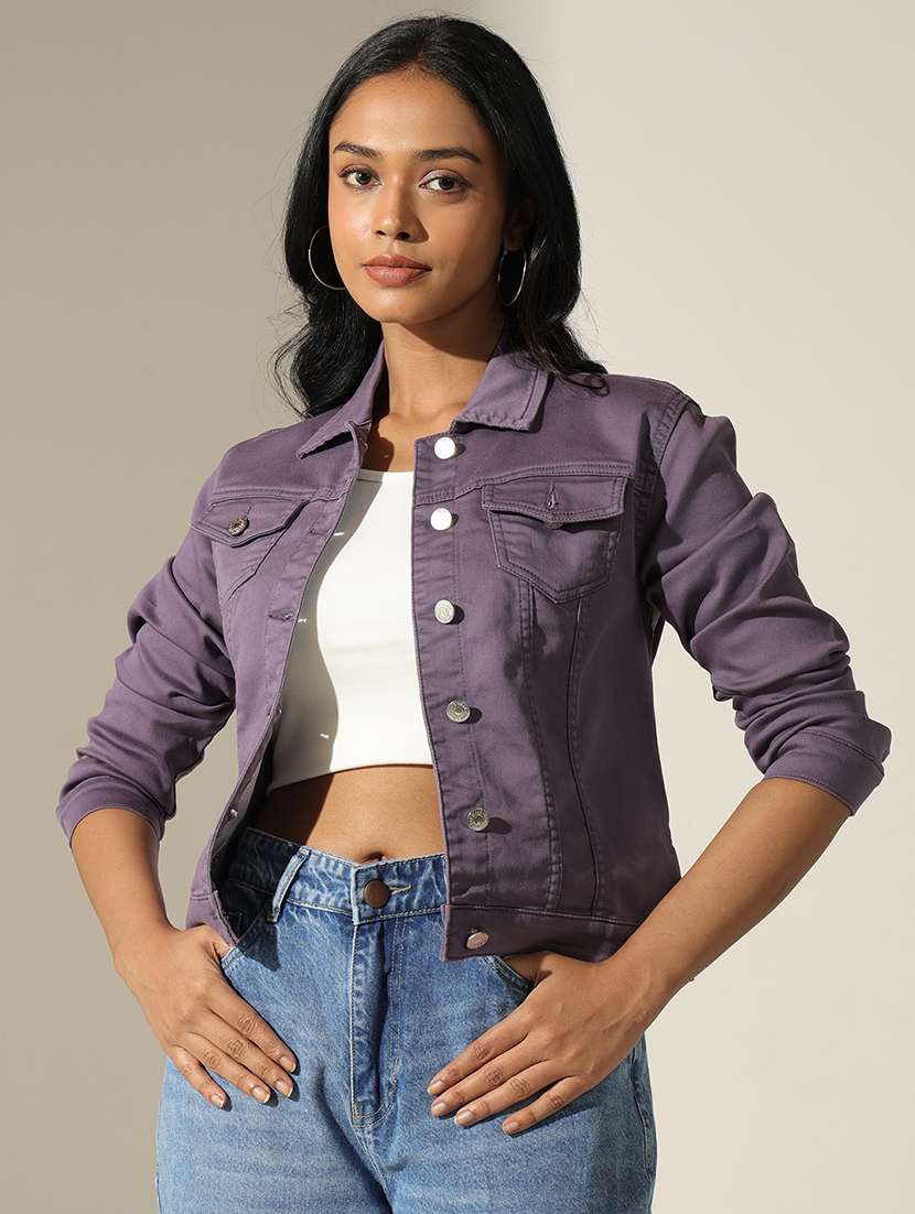 women solid collared long sleeve denim jacket - 22173712 -  Standard Image - 3