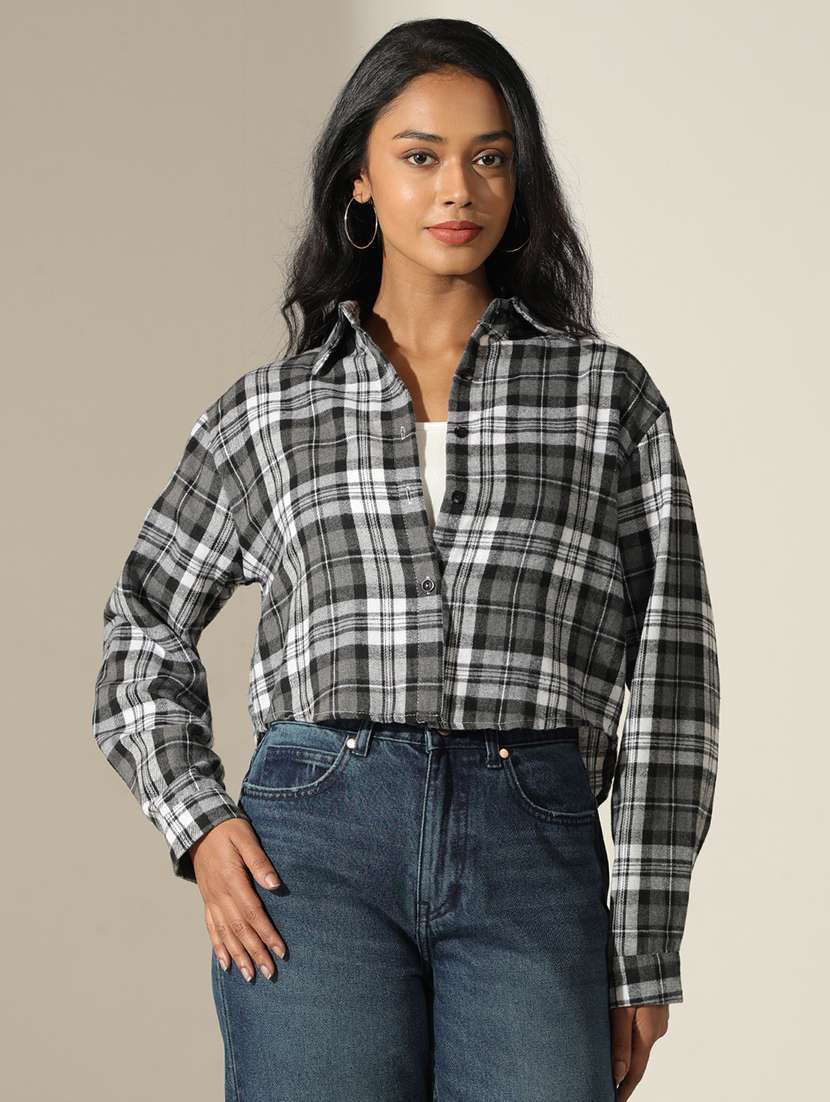 women checkered collared high low shirt - 22173716 -  Standard Image - 3