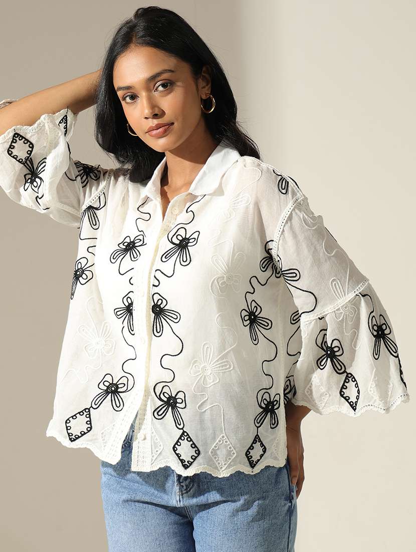 women embroidered collared bell sleeve shirt - 22173717 -  Standard Image - 3