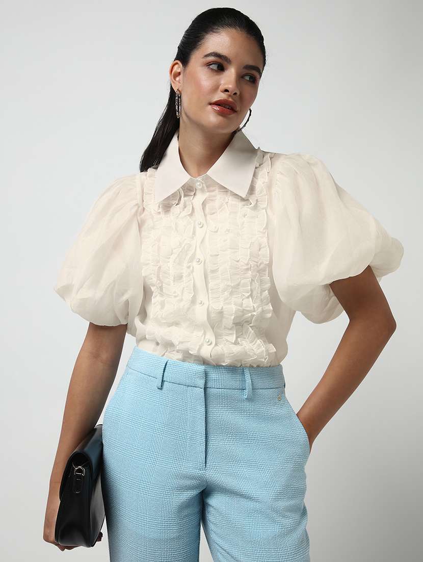 women solid collaerd puff sleeve shirt with slip - 22173718 -  Standard Image - 3
