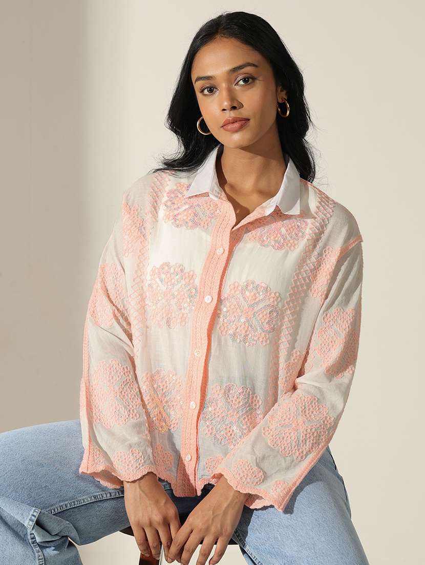 women embroidered collared bell sleeve shirt