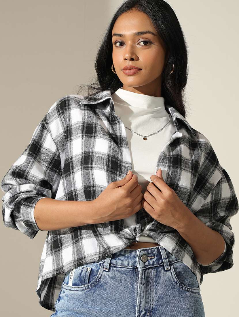 women checkered collared high low shirt top