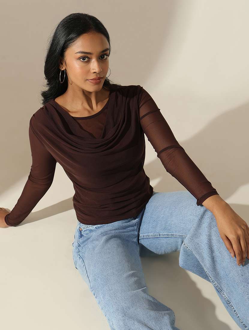 women solid cowl neck long sleeve top - 22173728 -  Standard Image - 3