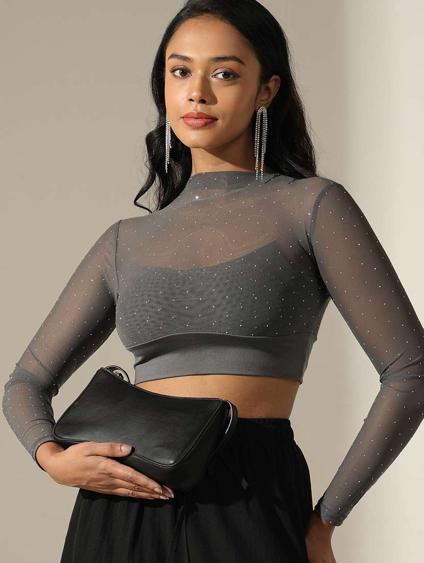 women self designed mock neck long sleeve crop top